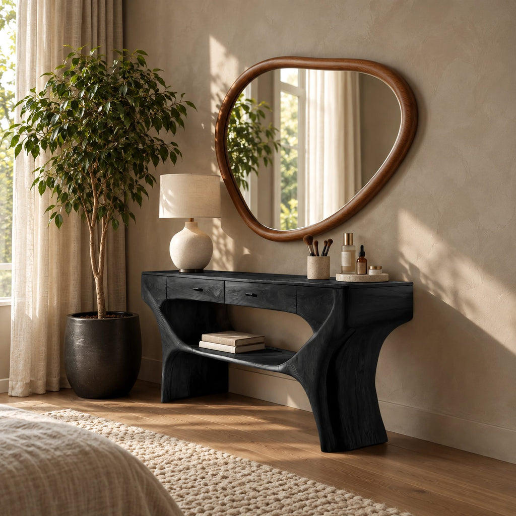 Artisan Sculptural Wood Vanity Table With Lower Open Shelf For Bedroom
