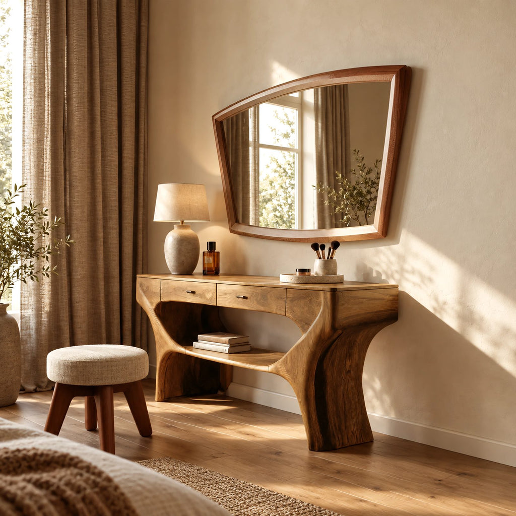 Artisan Sculptural Wood Vanity Table With Lower Open Shelf For Bedroom