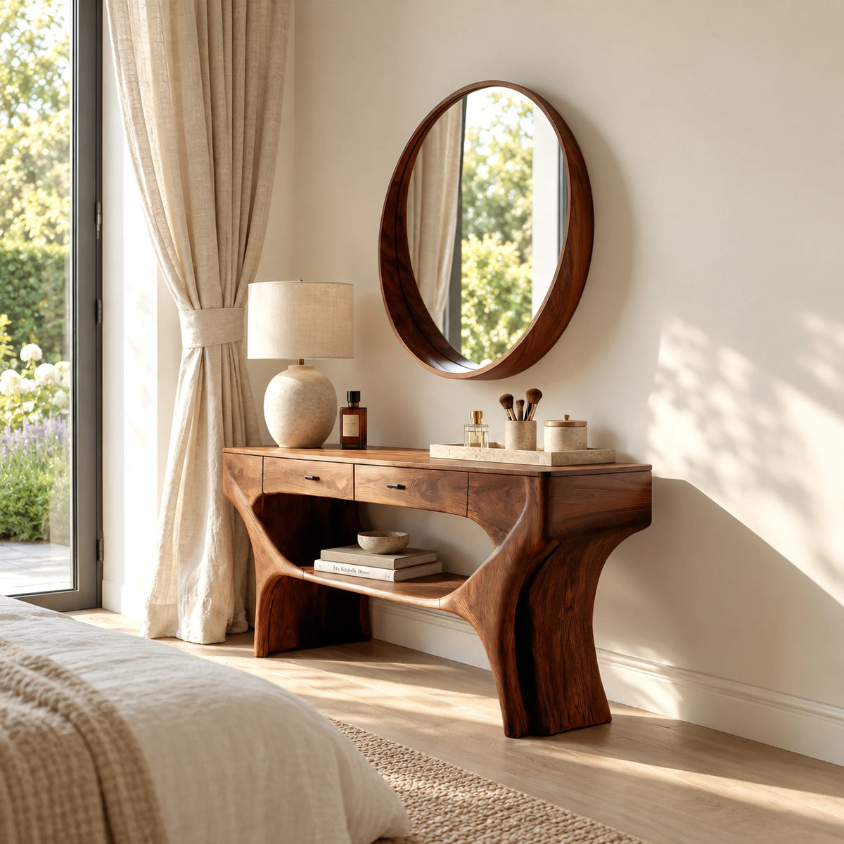Artisan Sculptural Wood Vanity Table With Lower Open Shelf For Bedroom