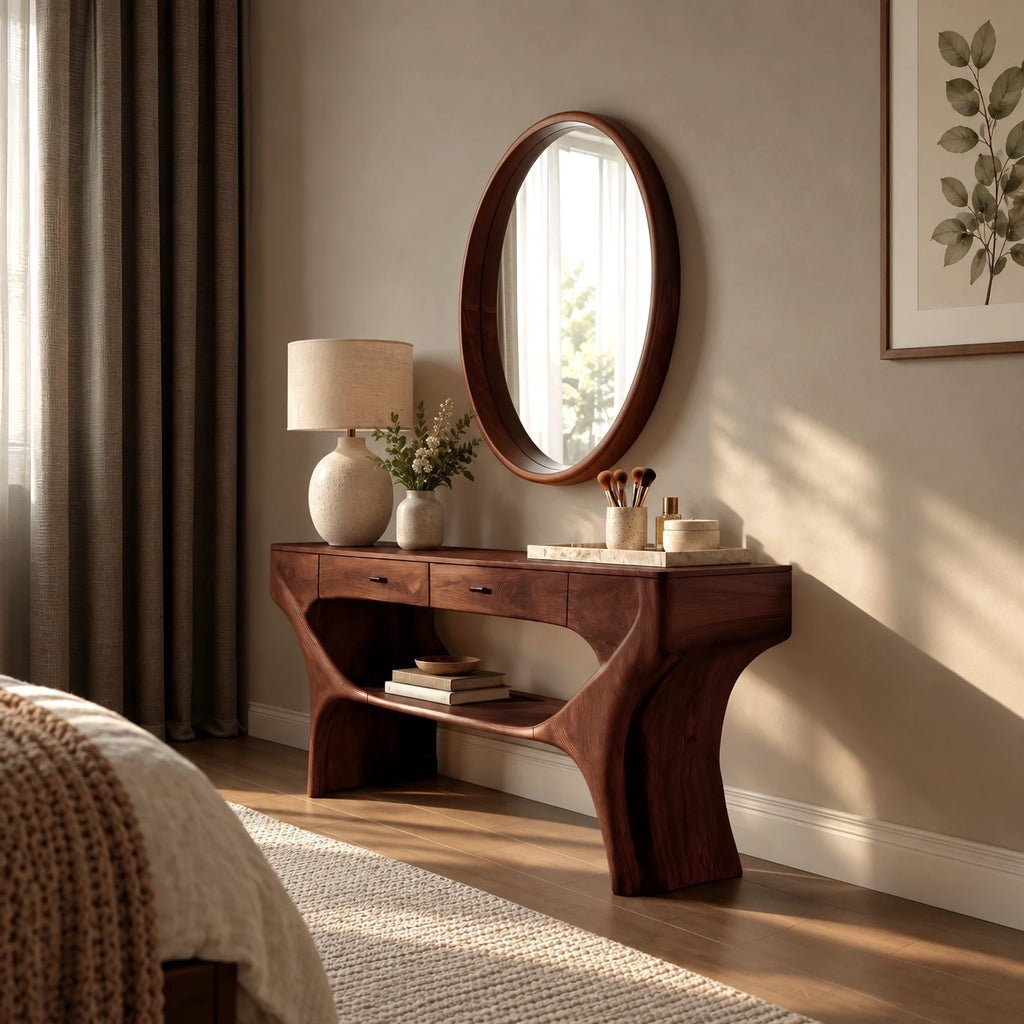 Artisan Sculptural Wood Vanity Table With Lower Open Shelf For Bedroom