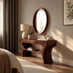 Artisan Sculptural Wood Vanity Table With Lower Open Shelf For Bedroom