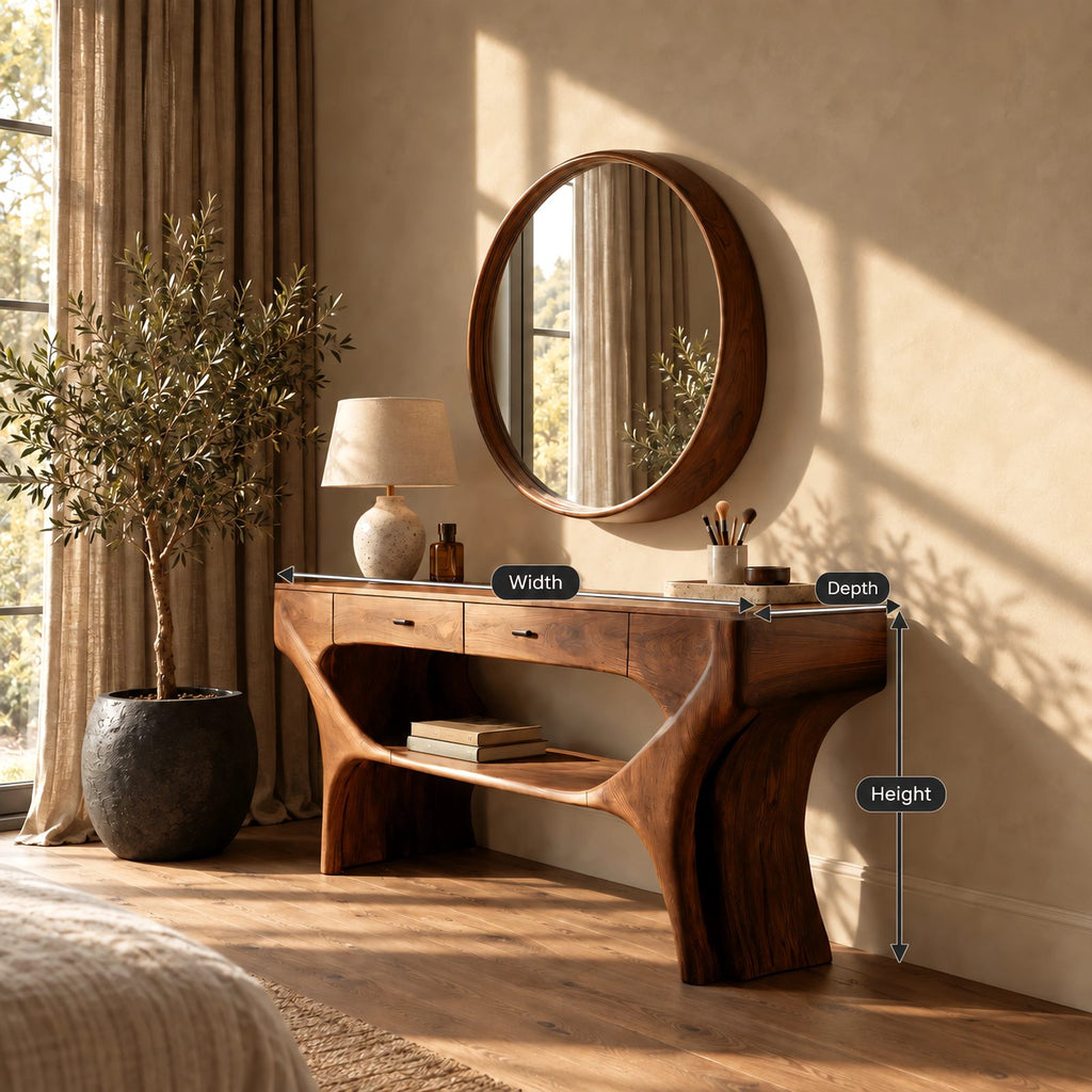 Artisan Sculptural Wood Vanity Table With Lower Open Shelf For Bedroom