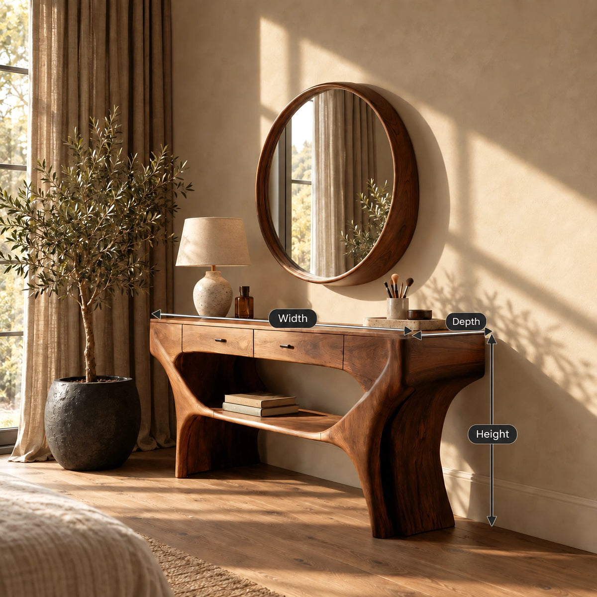 Artisan Sculptural Wood Vanity Table With Lower Open Shelf For Bedroom