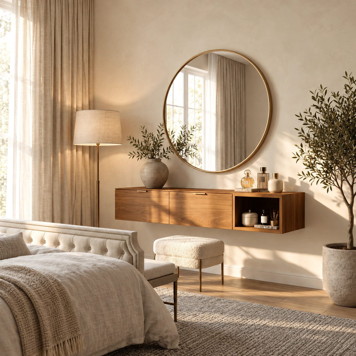 Modern Wall Mounted Dressing Table With Open Cubby For Bedroom