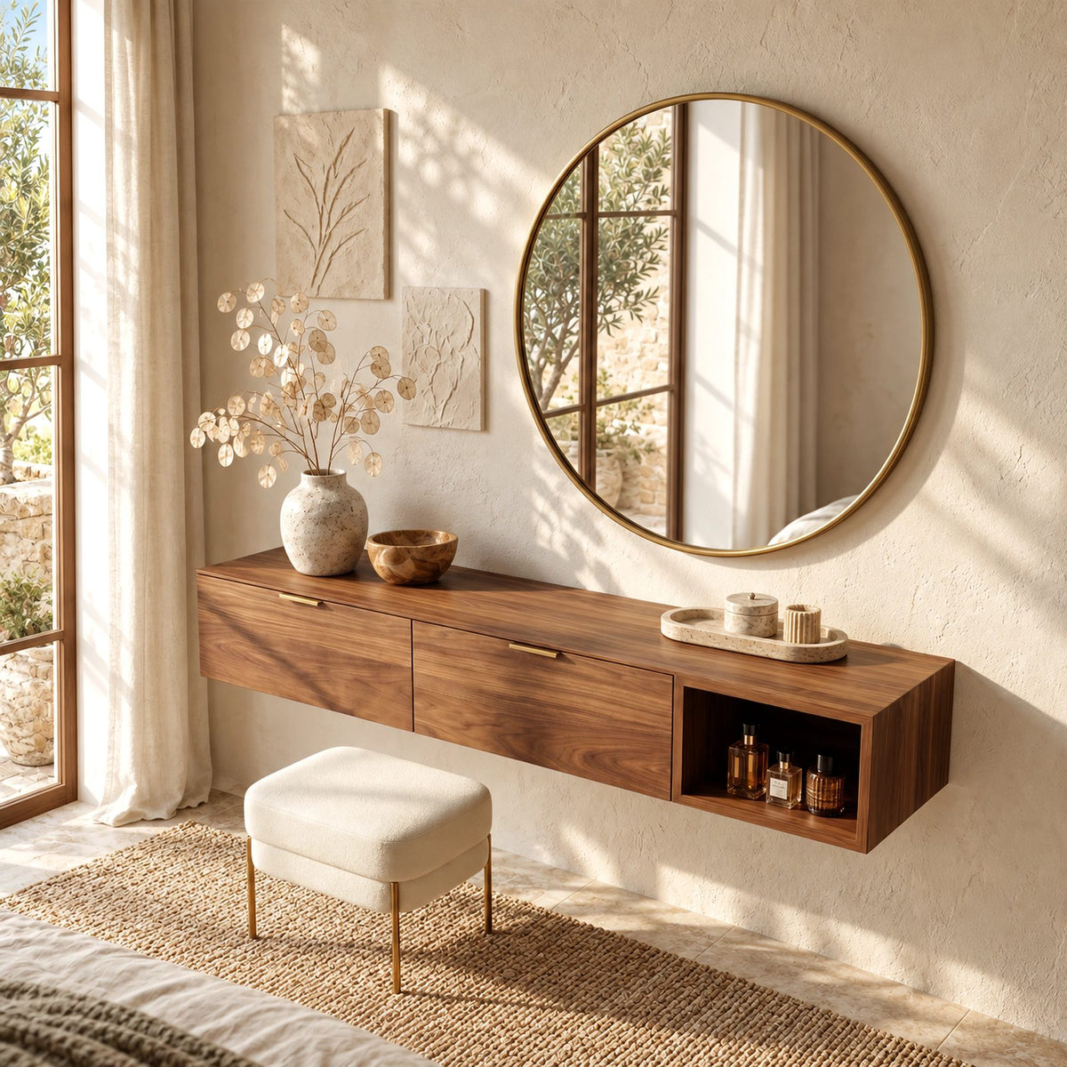 Modern Wall Mounted Dressing Table With Open Cubby For Bedroom