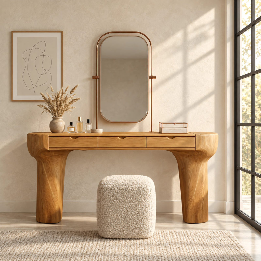Rustic Trunk Leg Dressing Table With 3 Drawers For Bedroom