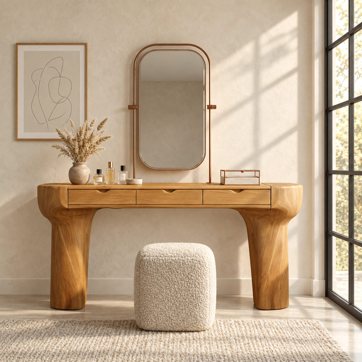 Rustic Trunk Leg Dressing Table With 3 Drawers For Bedroom
