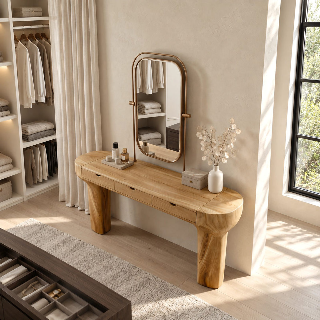 Rustic Trunk Leg Dressing Table With 3 Drawers For Bedroom
