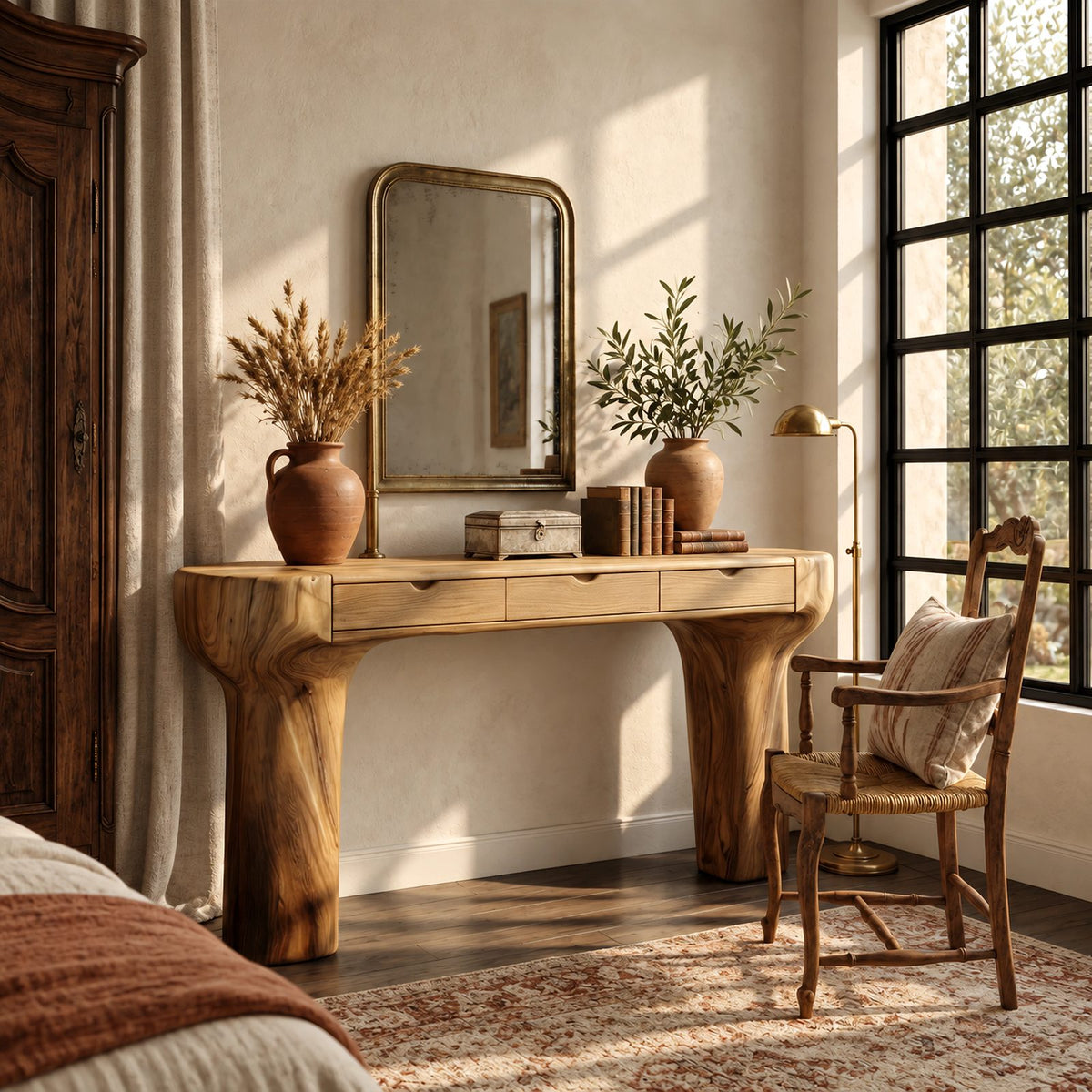 Rustic Trunk Leg Dressing Table With 3 Drawers For Bedroom
