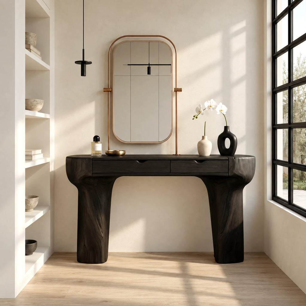 Rustic Trunk Leg Dressing Table With 3 Drawers For Bedroom