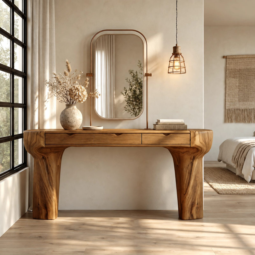 Rustic Trunk Leg Dressing Table With 3 Drawers For Bedroom