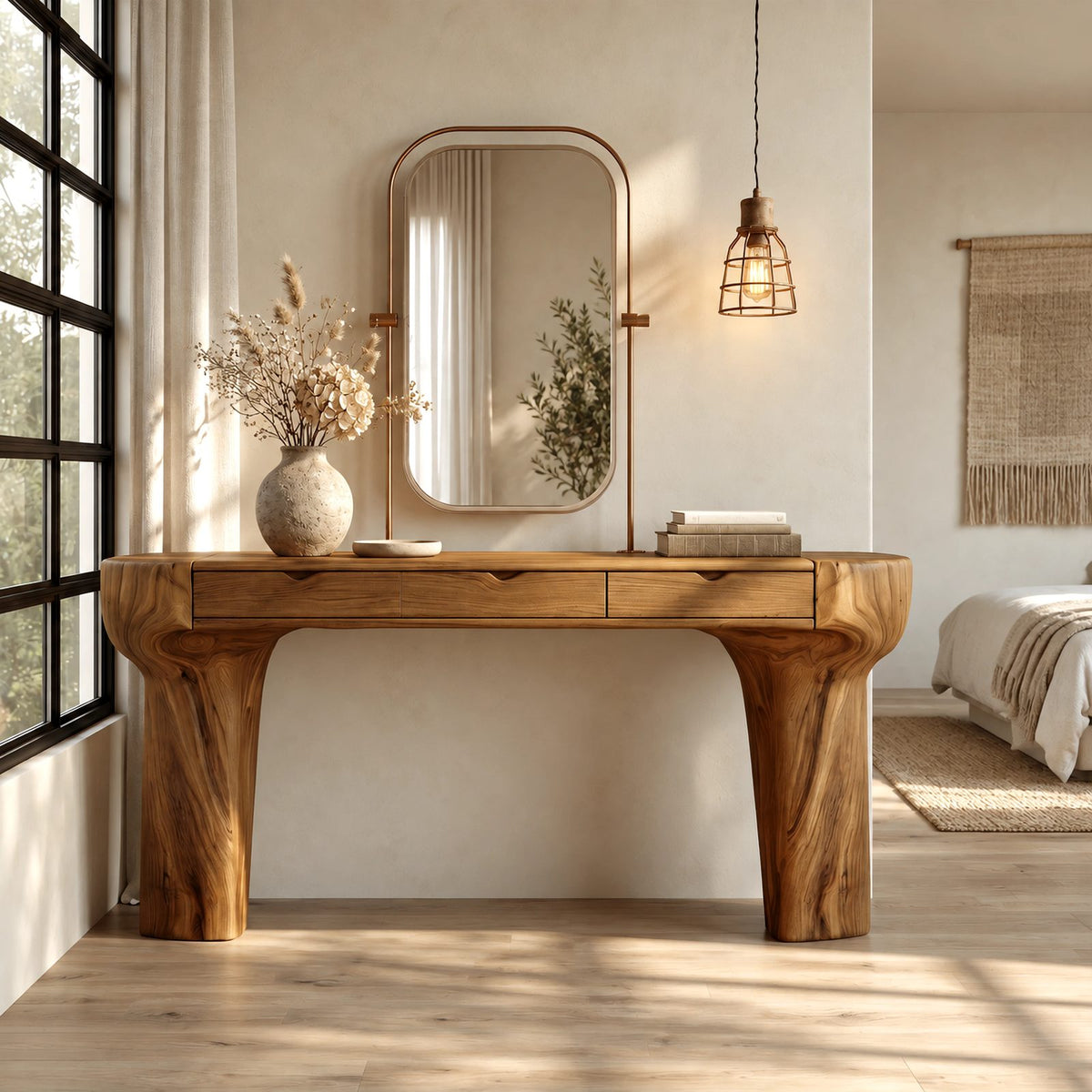 Rustic Trunk Leg Dressing Table With 3 Drawers For Bedroom
