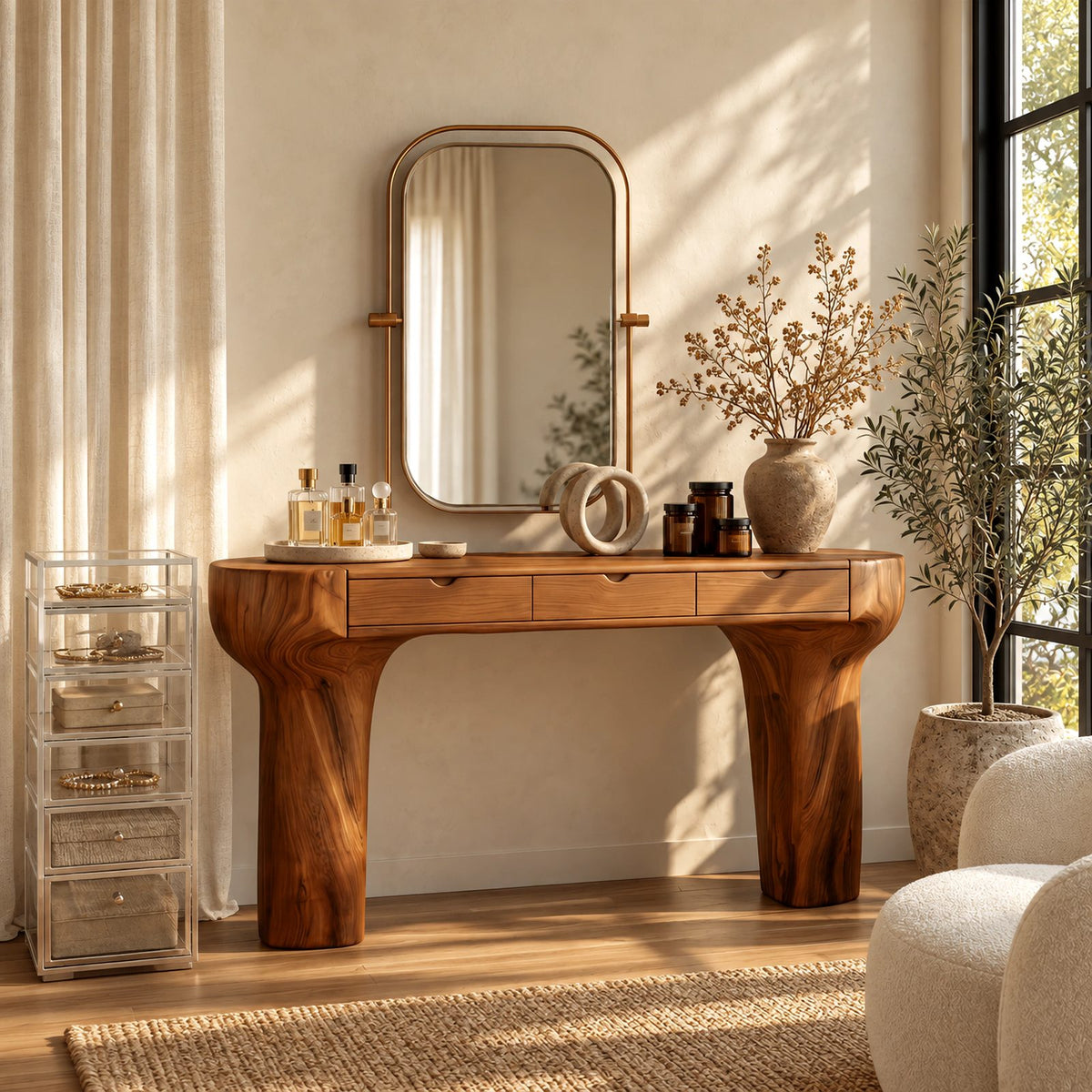 Rustic Trunk Leg Dressing Table With 3 Drawers For Bedroom