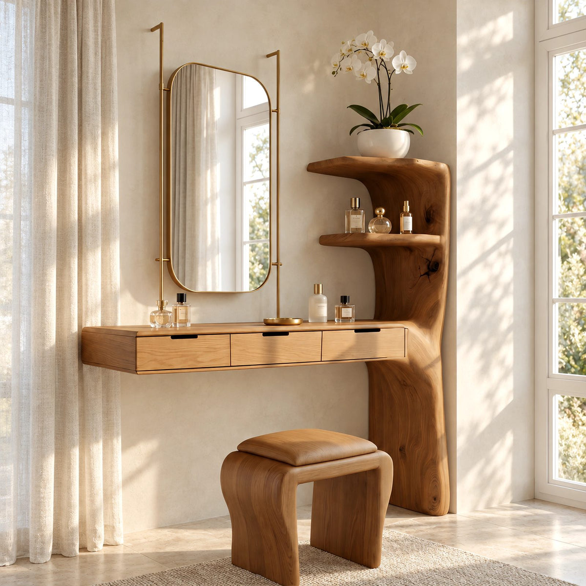 Organic Floating Makeup Vanity With Sculpted Side Shelf Tower For Bedroom