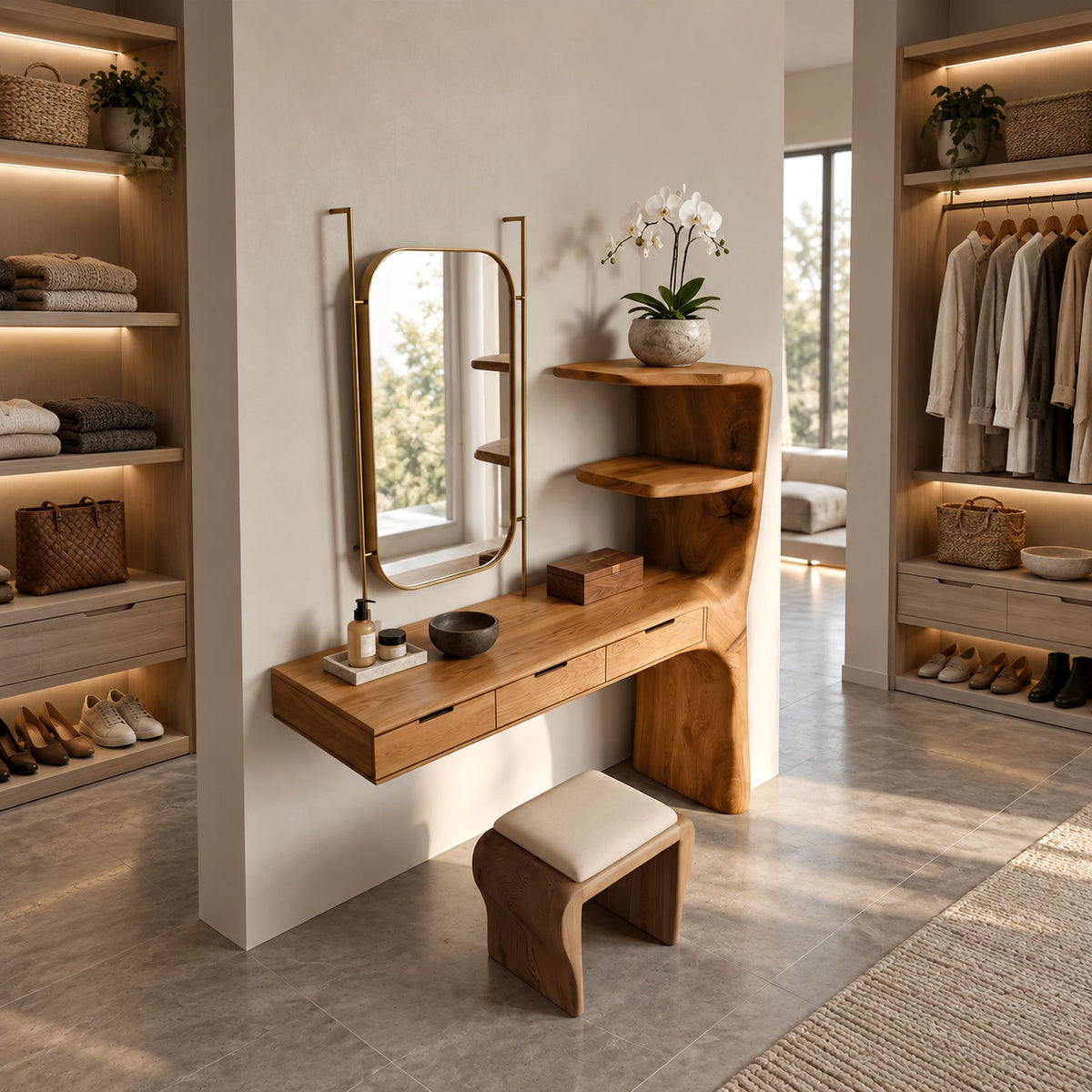 Organic Floating Makeup Vanity With Sculpted Side Shelf Tower For Bedroom
