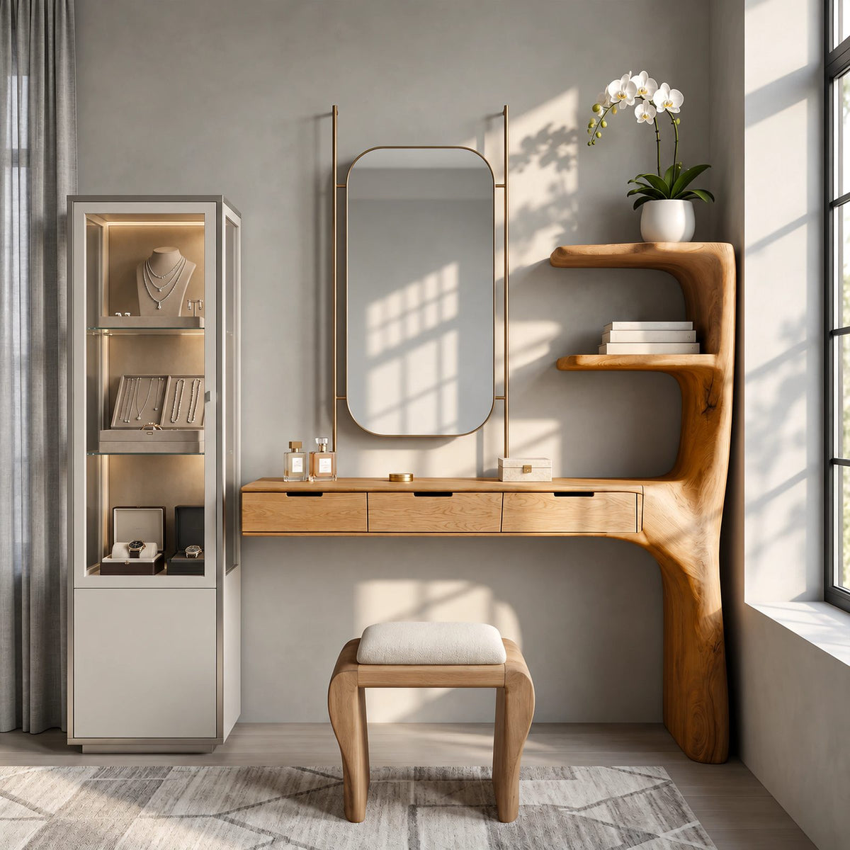 Organic Floating Makeup Vanity With Sculpted Side Shelf Tower For Bedroom
