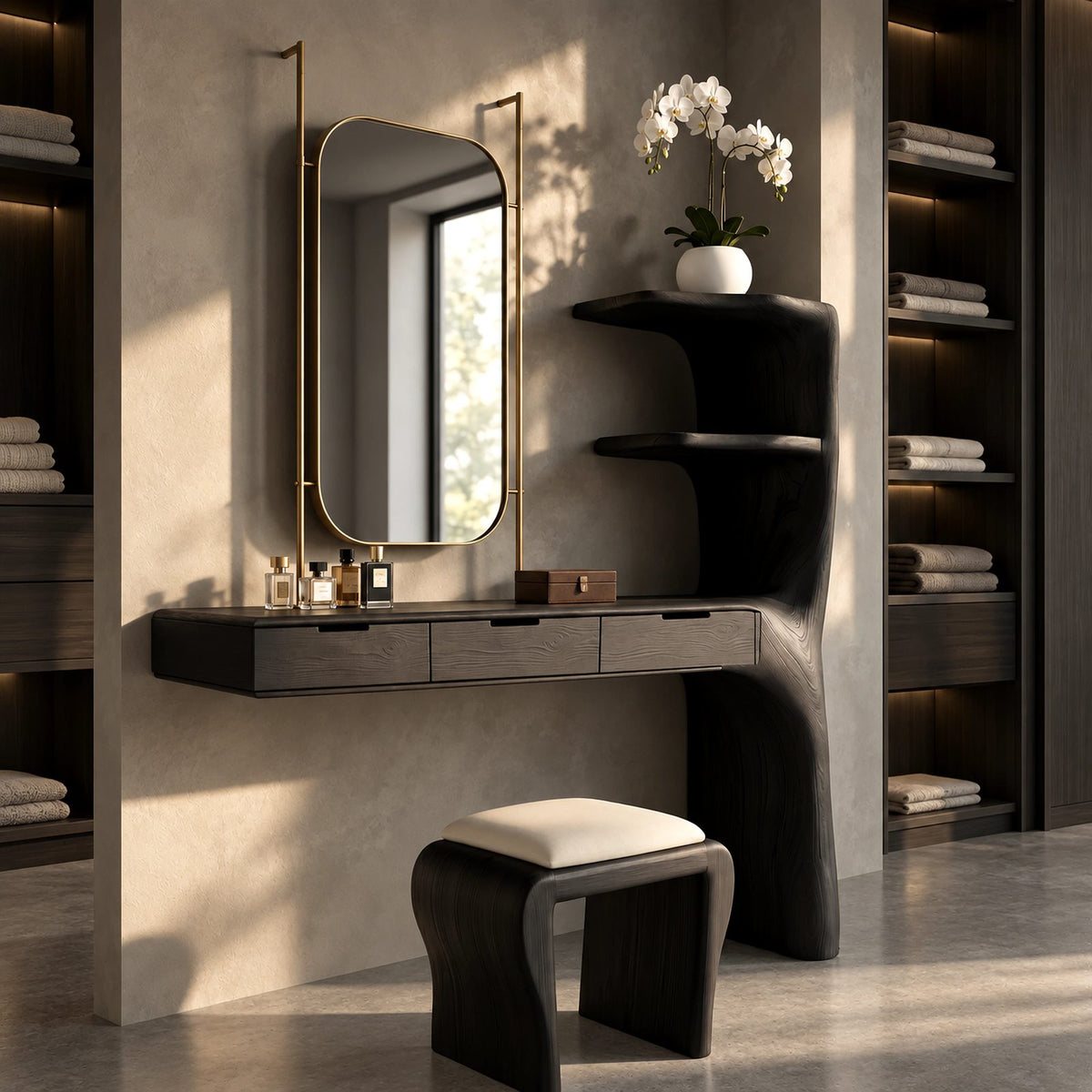 Organic Floating Makeup Vanity With Sculpted Side Shelf Tower For Bedroom