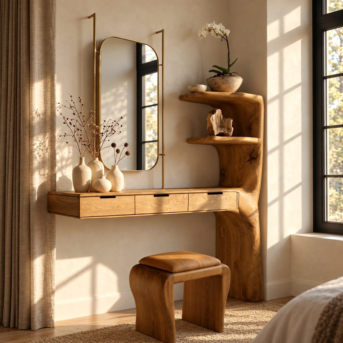 Organic Floating Makeup Vanity With Sculpted Side Shelf Tower For Bedroom