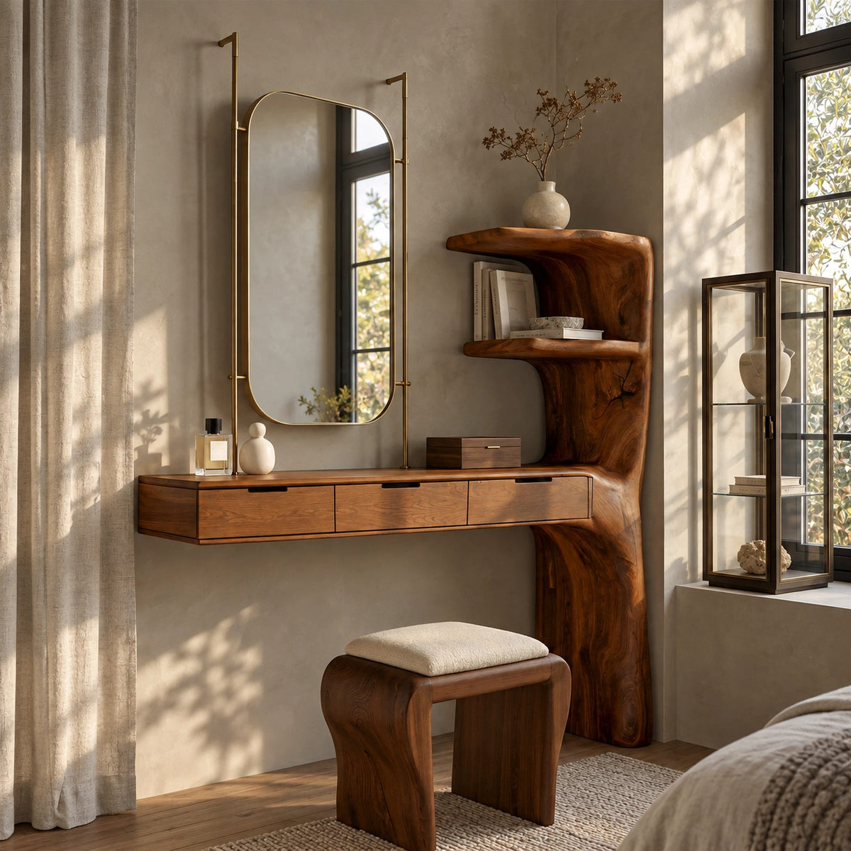 Organic Floating Makeup Vanity With Sculpted Side Shelf Tower For Bedroom
