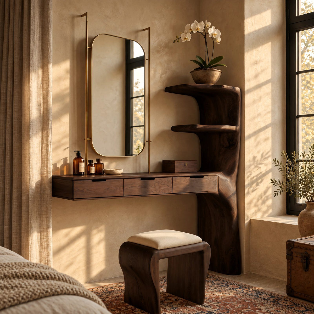 Organic Floating Makeup Vanity With Sculpted Side Shelf Tower For Bedroom