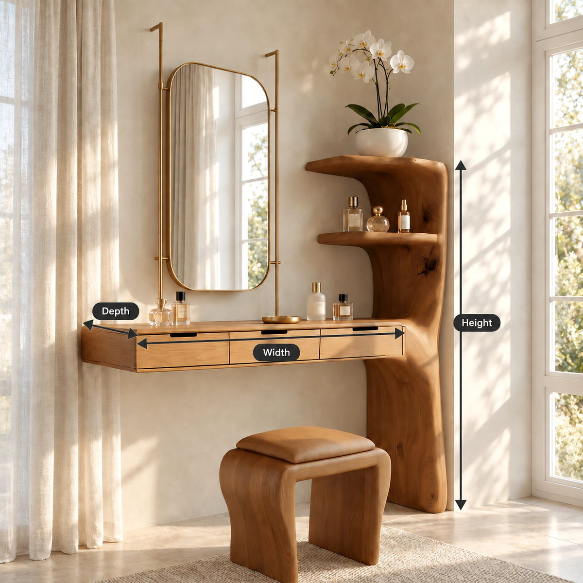 Organic Floating Makeup Vanity With Sculpted Side Shelf Tower For Bedroom
