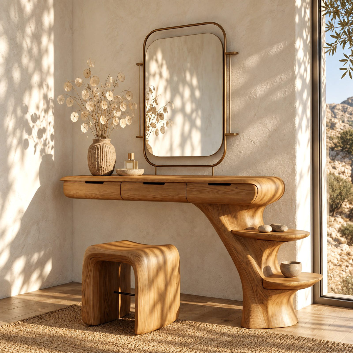 Sculptural Floating Dressing Table With Tree Base Shelves For Bedroom