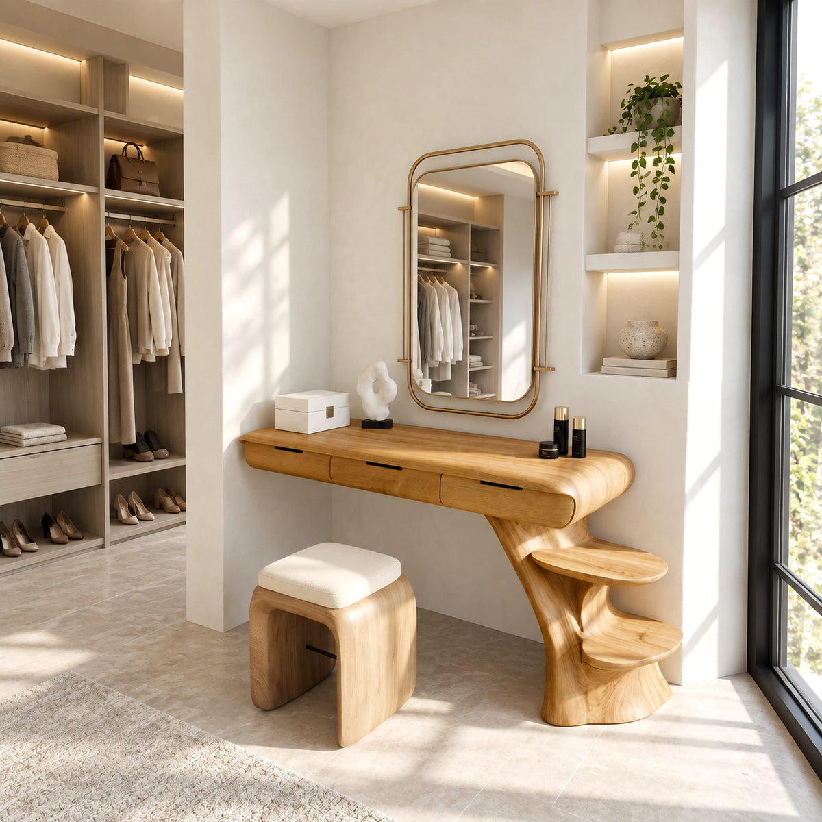 Sculptural Floating Dressing Table With Tree Base Shelves For Bedroom