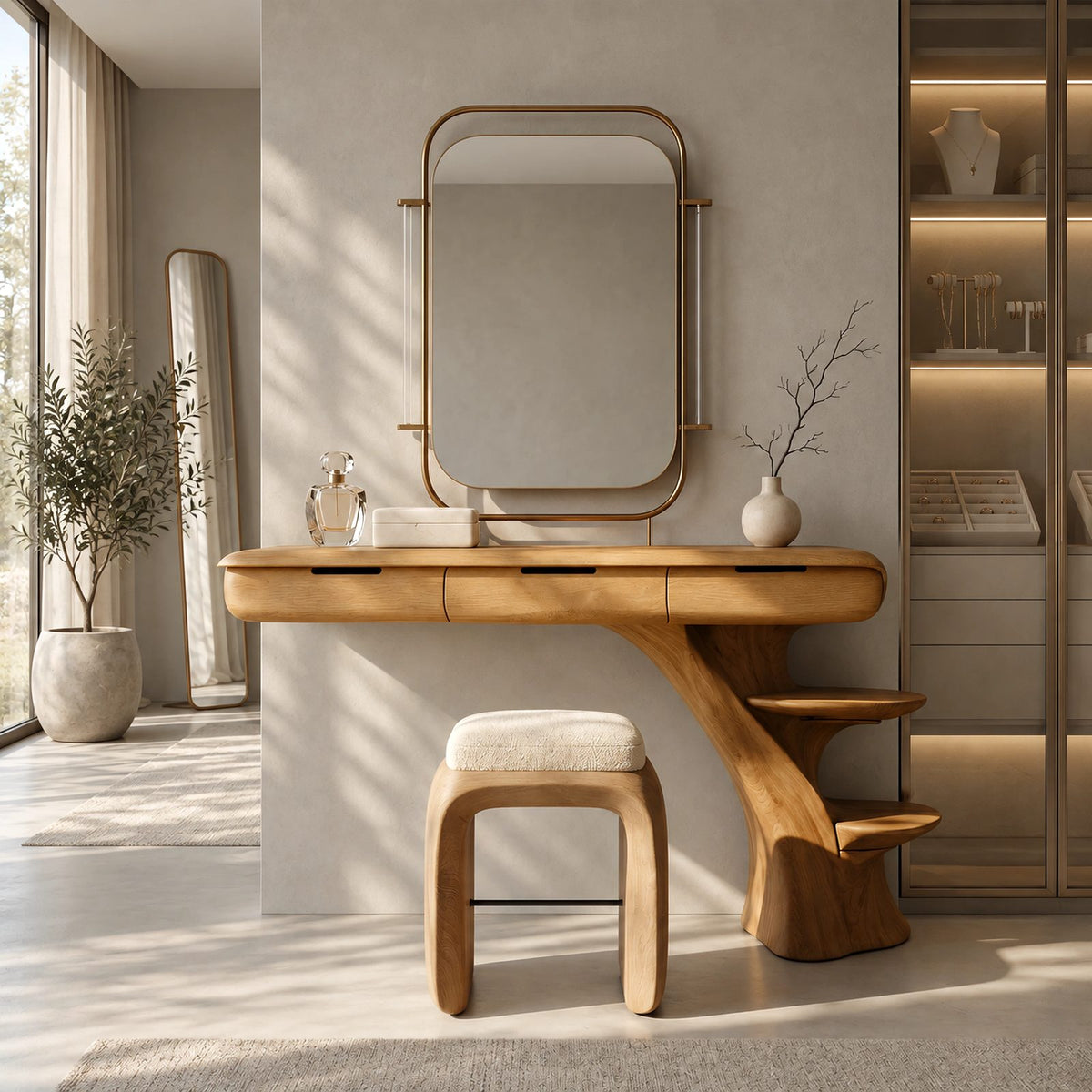Sculptural Floating Dressing Table With Tree Base Shelves For Bedroom