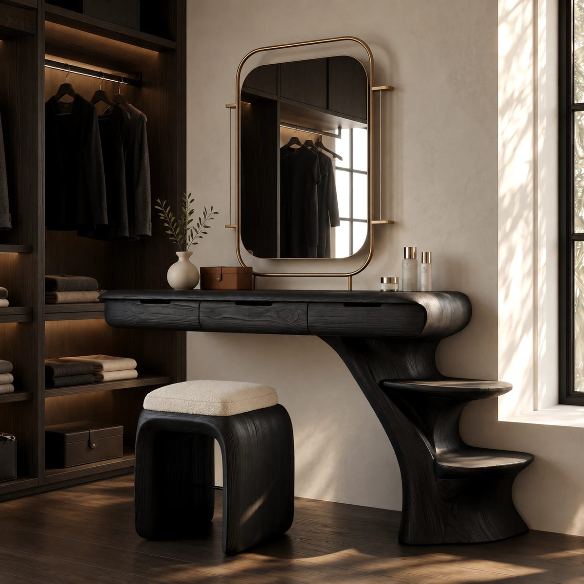 Sculptural Floating Dressing Table With Tree Base Shelves For Bedroom