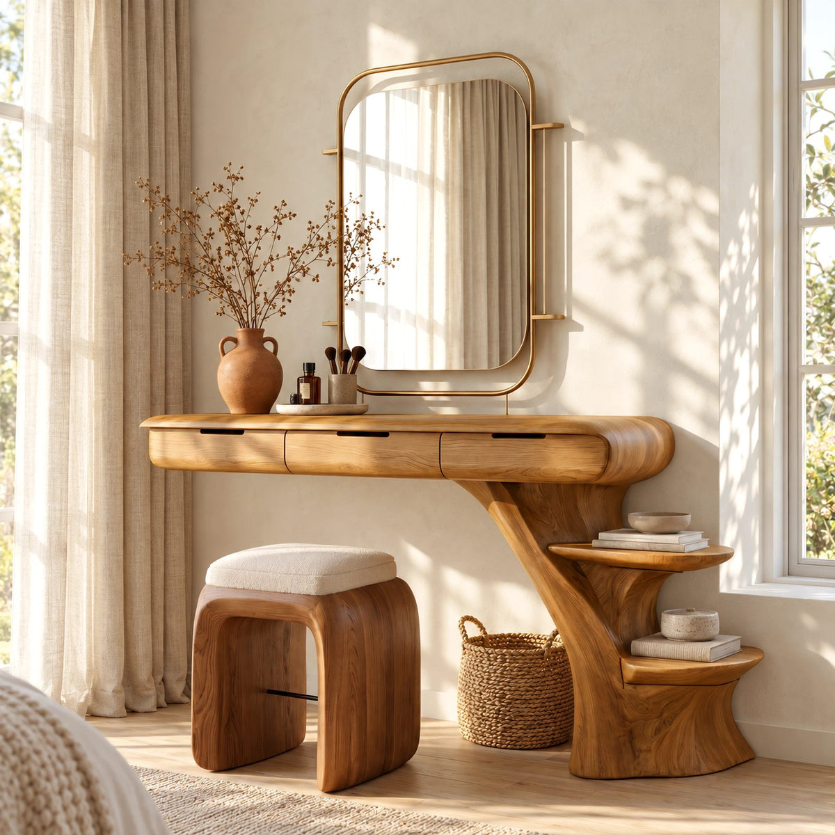 Sculptural Floating Dressing Table With Tree Base Shelves For Bedroom