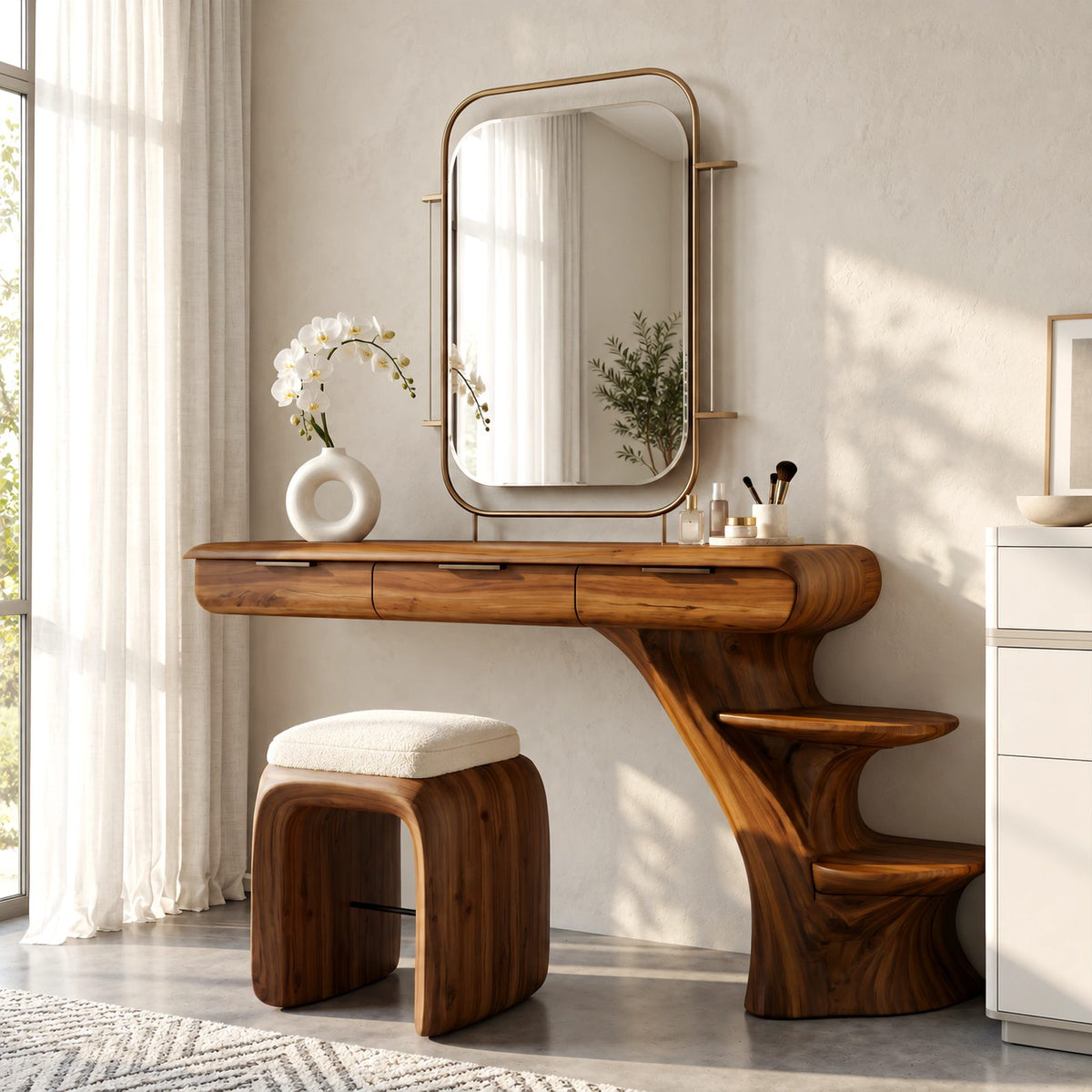 Sculptural Floating Dressing Table With Tree Base Shelves For Bedroom