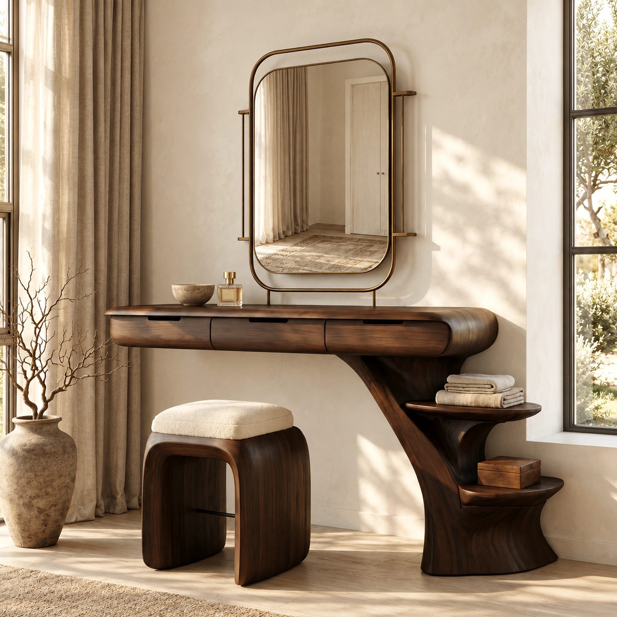 Sculptural Floating Dressing Table With Tree Base Shelves For Bedroom
