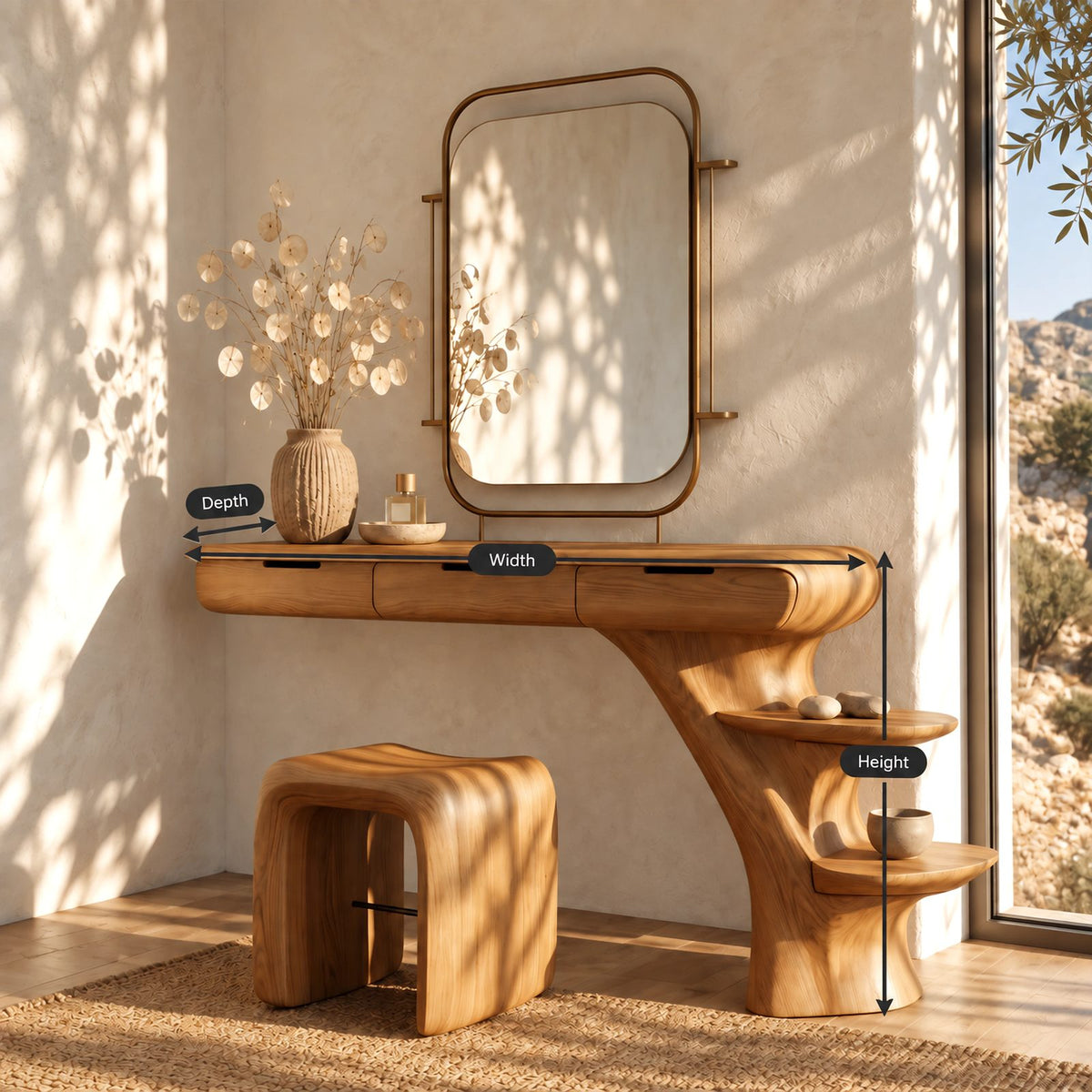 Sculptural Floating Dressing Table With Tree Base Shelves For Bedroom