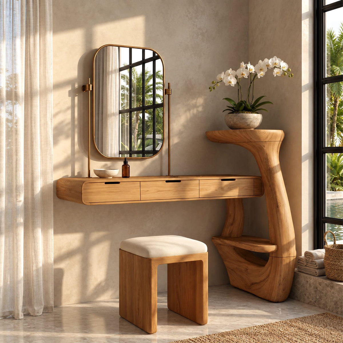 Contemporary Wall Mounted Makeup Vanity With Curved Side Shelf For Bedroom