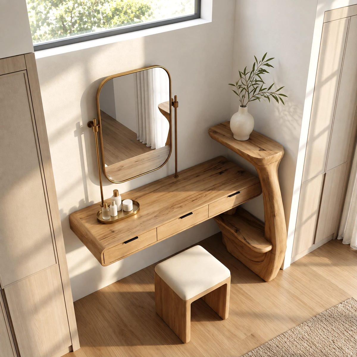 Contemporary Wall Mounted Makeup Vanity With Curved Side Shelf For Bedroom