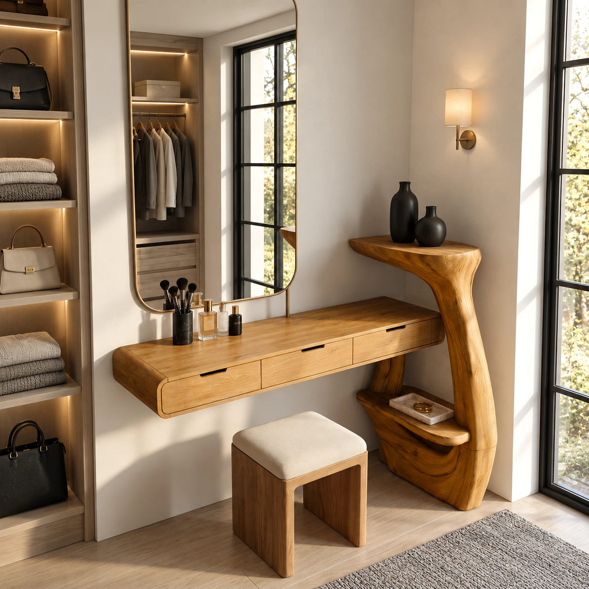 Contemporary Wall Mounted Makeup Vanity With Curved Side Shelf For Bedroom