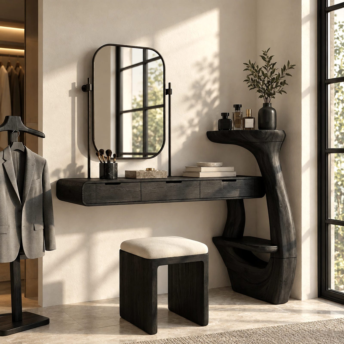 Contemporary Wall Mounted Makeup Vanity With Curved Side Shelf For Bedroom