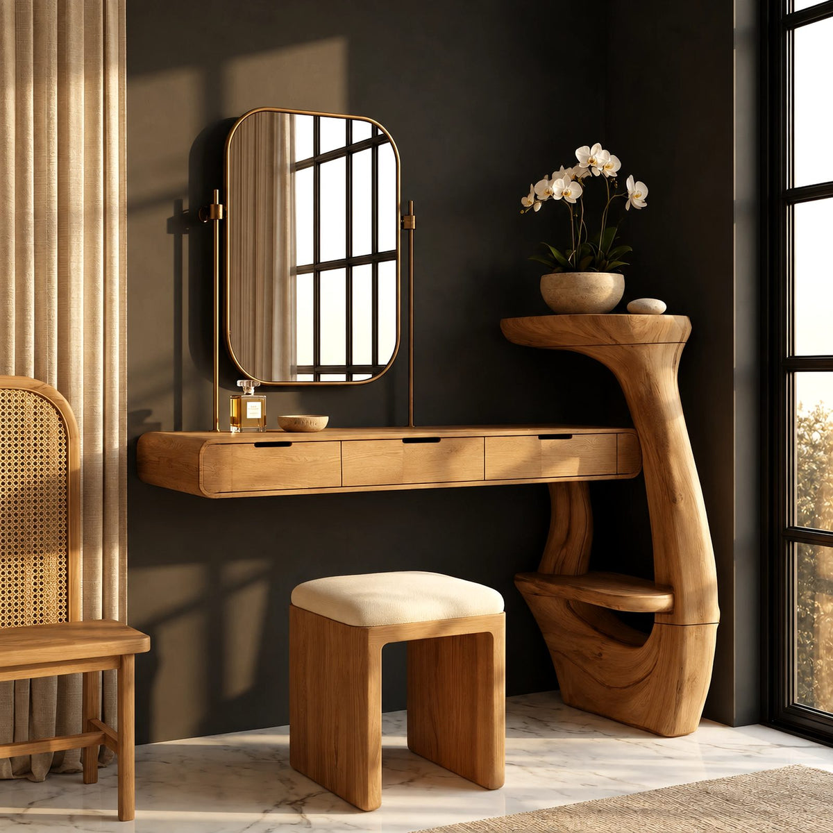 Contemporary Wall Mounted Makeup Vanity With Curved Side Shelf For Bedroom