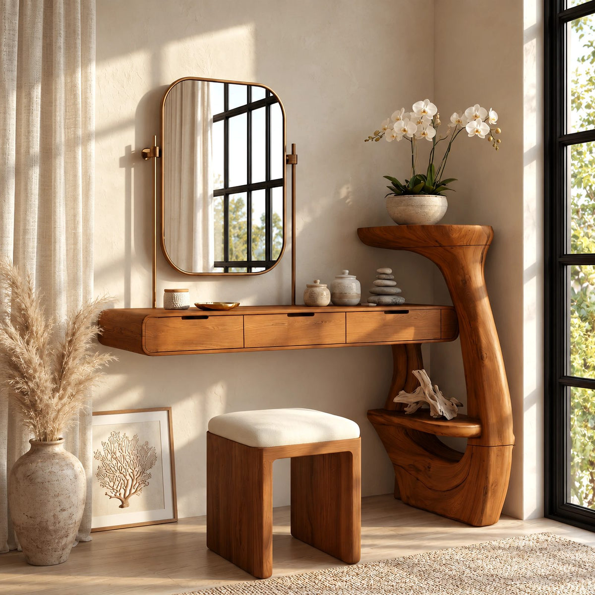 Contemporary Wall Mounted Makeup Vanity With Curved Side Shelf For Bedroom