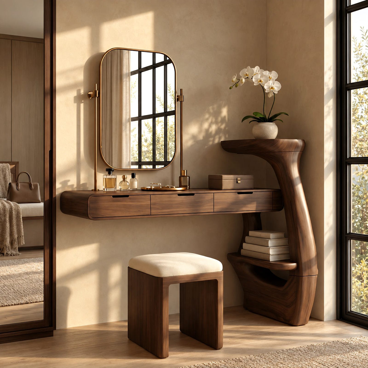 Contemporary Wall Mounted Makeup Vanity With Curved Side Shelf For Bedroom