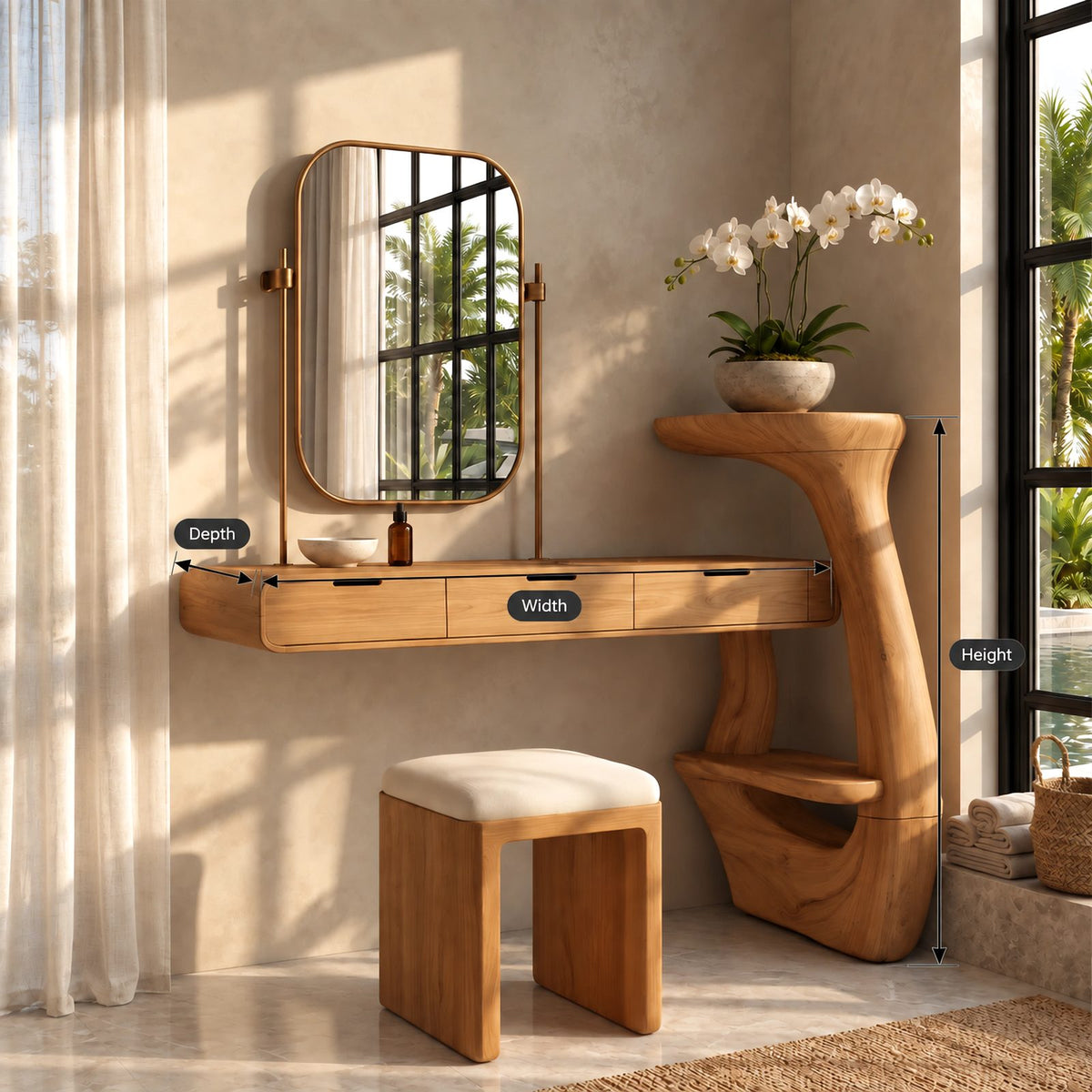 Contemporary Wall Mounted Makeup Vanity With Curved Side Shelf For Bedroom