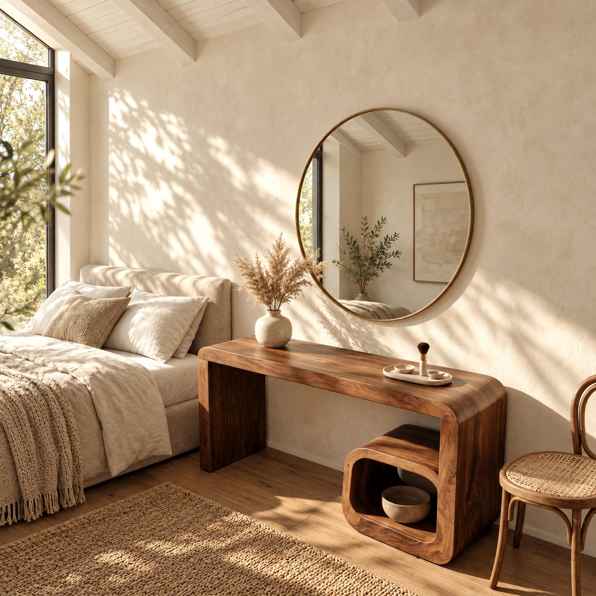Minimalist Waterfall Dressing Table With Rounded Open Cubby For Bedroom