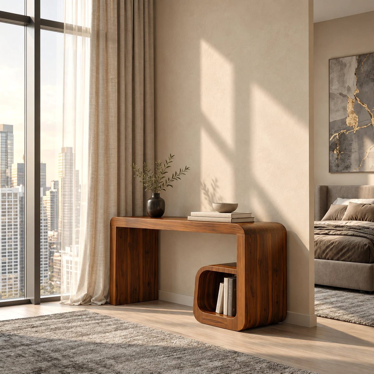 Minimalist Waterfall Dressing Table With Rounded Open Cubby For Bedroom