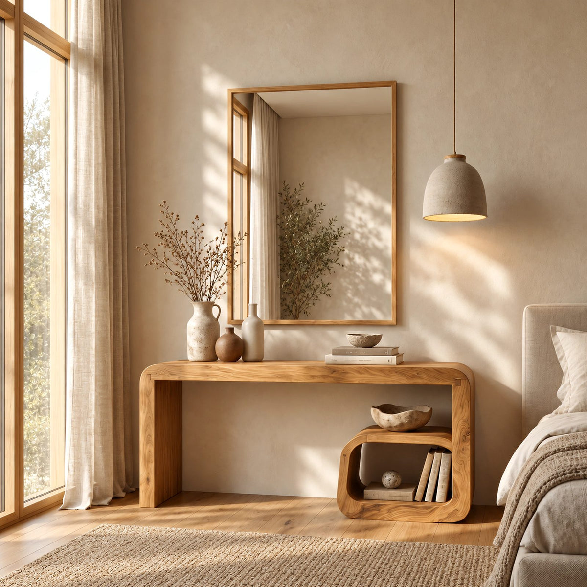 Minimalist Waterfall Dressing Table With Rounded Open Cubby For Bedroom