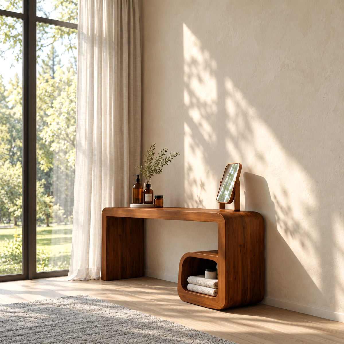 Minimalist Waterfall Dressing Table With Rounded Open Cubby For Bedroom