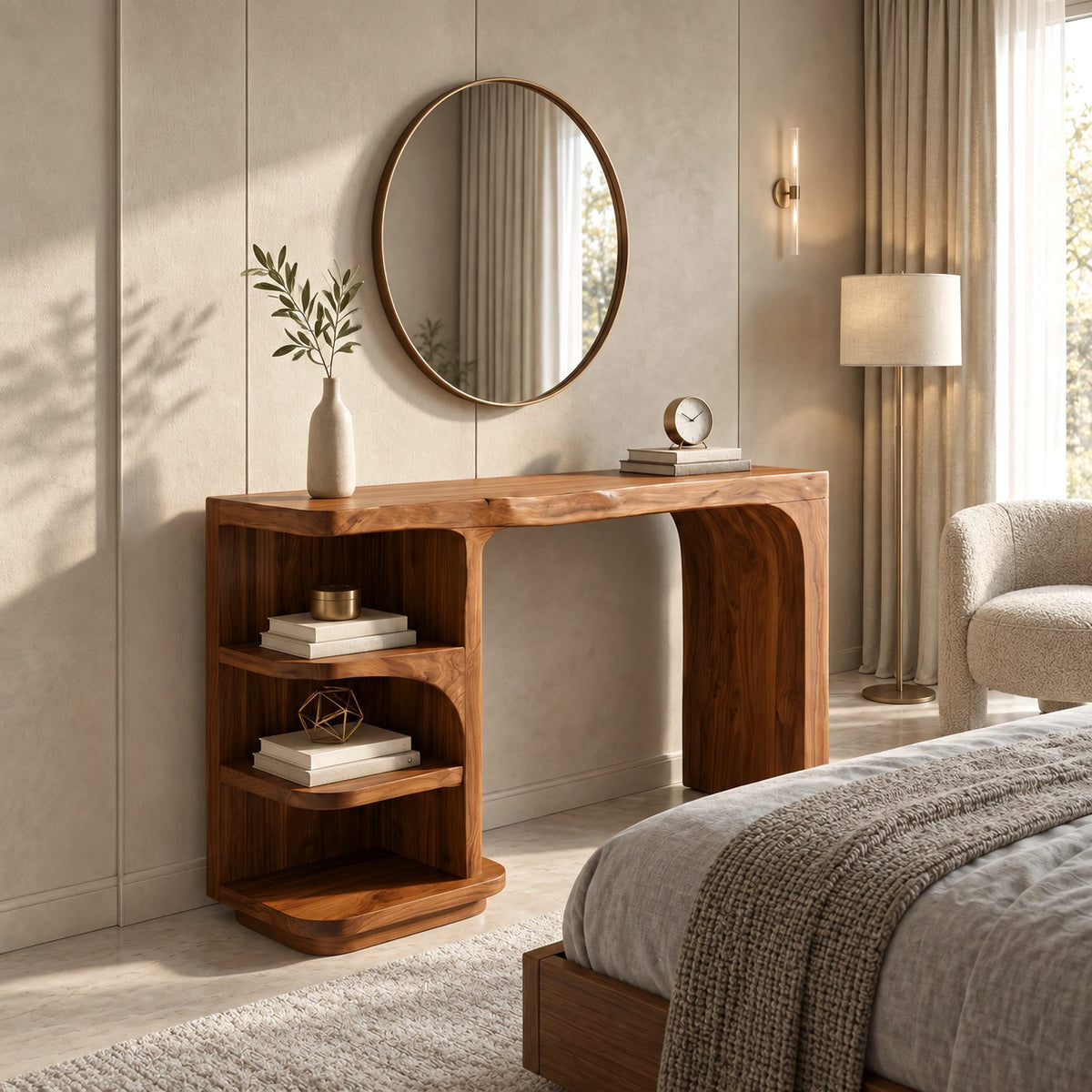 Mid Century Waterfall Vanity Desk With Curved Shelf Column For Bedroom