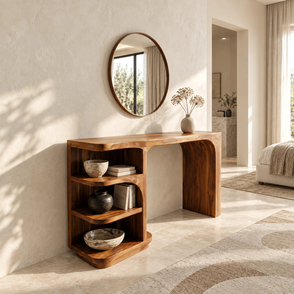 Mid Century Waterfall Vanity Desk With Curved Shelf Column For Bedroom