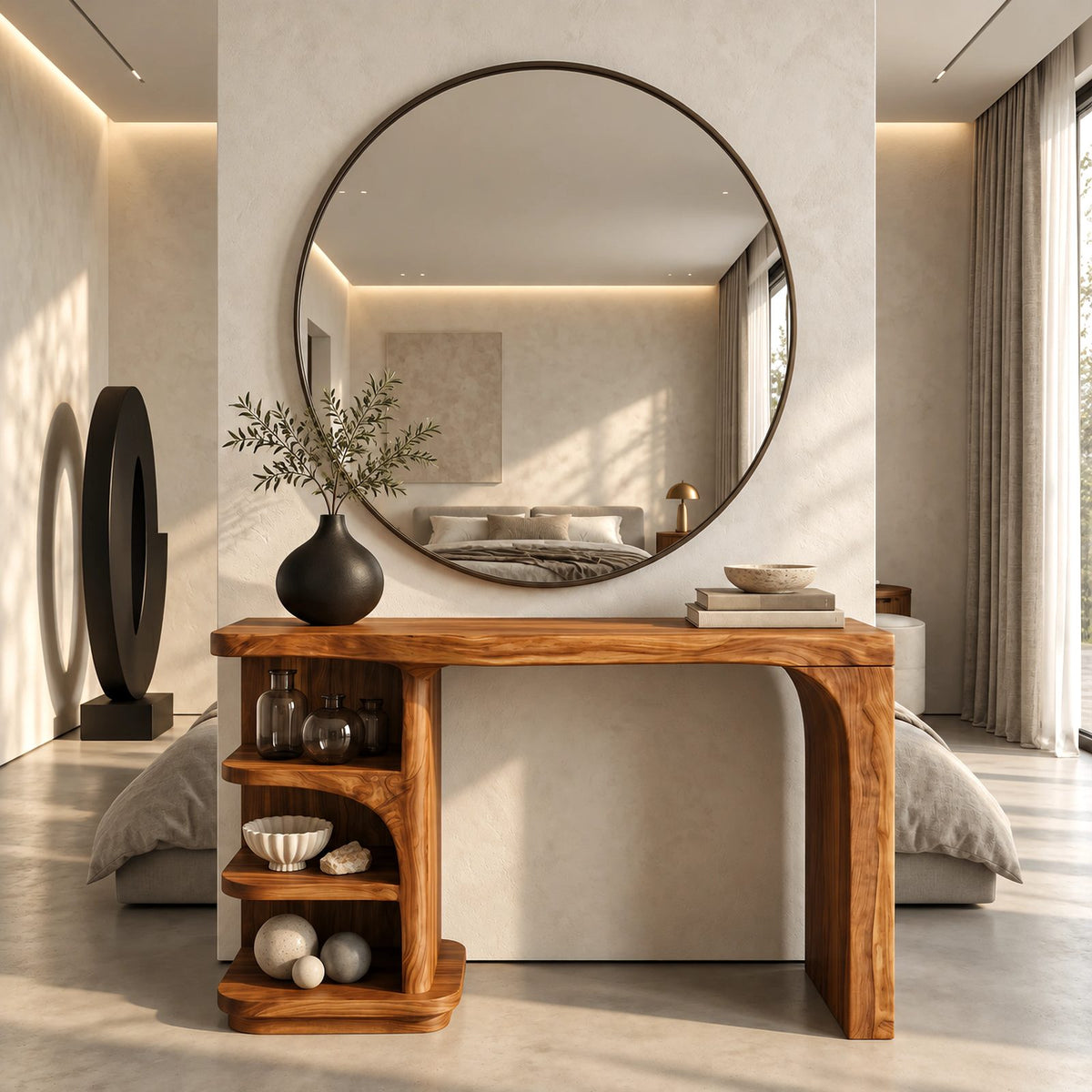 Mid Century Waterfall Vanity Desk With Curved Shelf Column For Bedroom