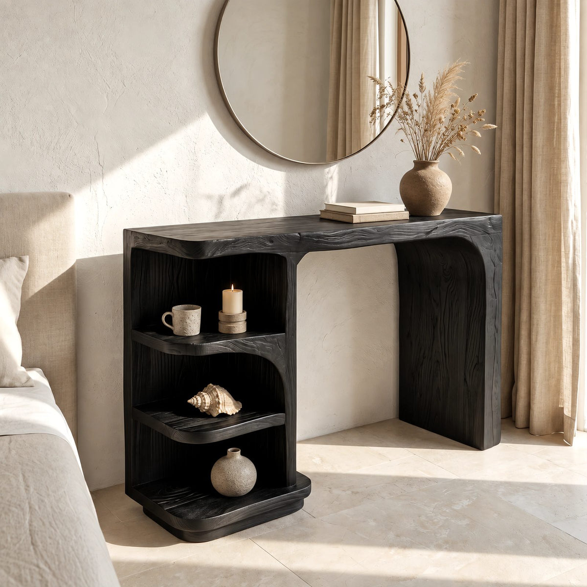 Mid Century Waterfall Vanity Desk With Curved Shelf Column For Bedroom