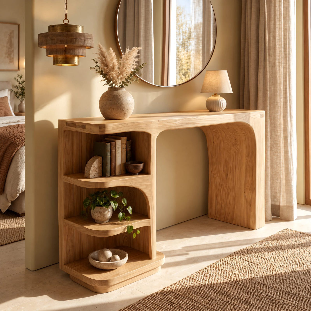 Mid Century Waterfall Vanity Desk With Curved Shelf Column For Bedroom